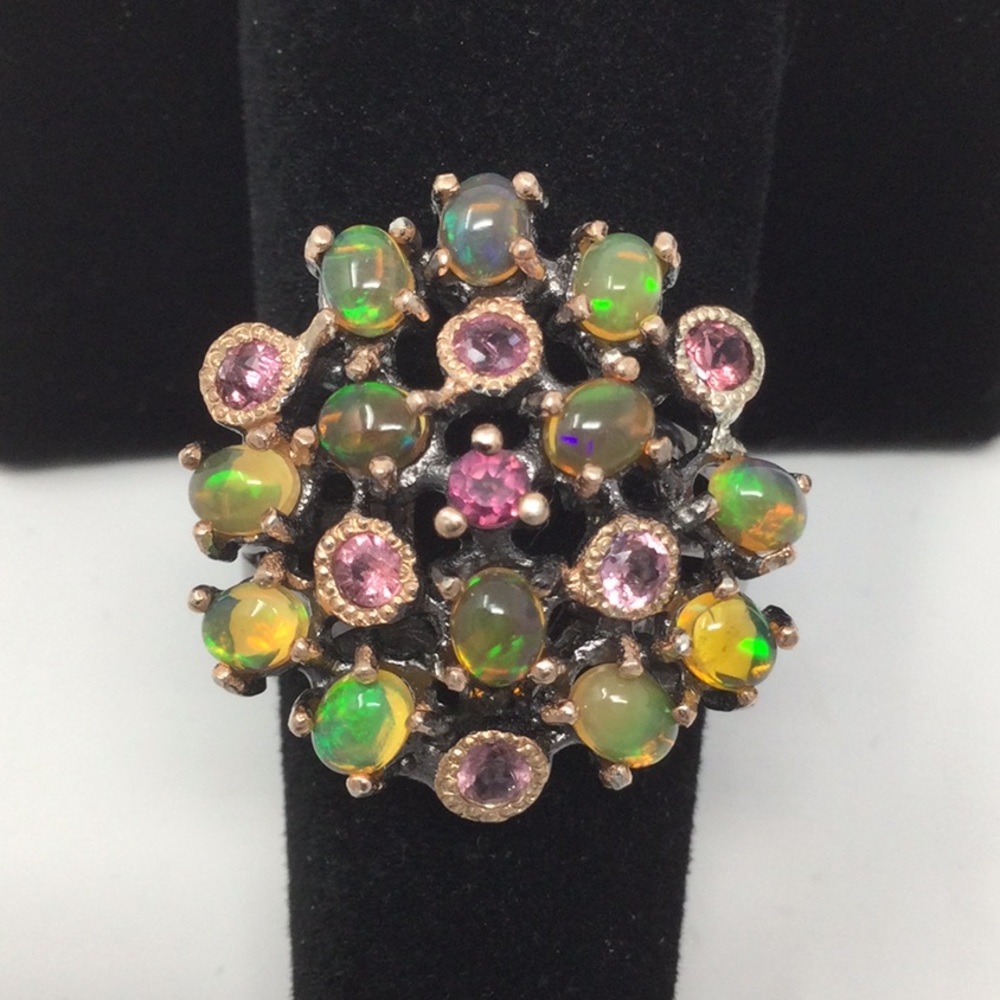 Spectacular Genuine Fiery Opals, Pink Tourmalines Ring